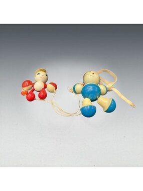 Vintage Mid Century Plastic Baby Crib Toy Pair Red and Blue Clown Figure 1940s-1